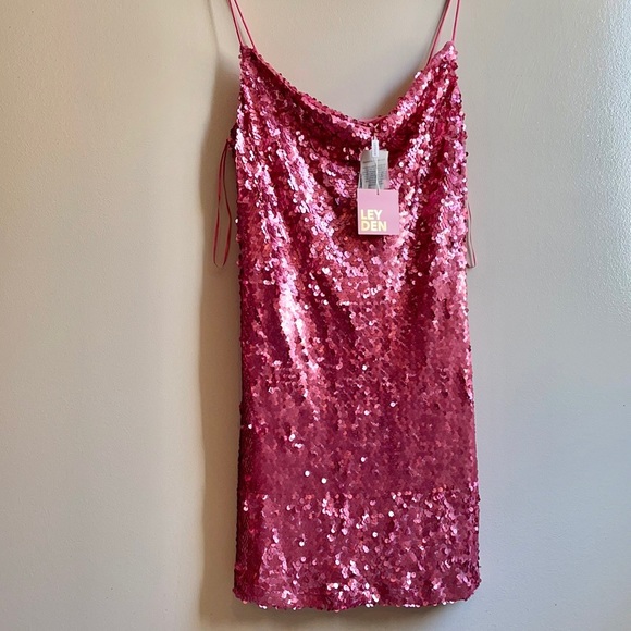 NWT L LEYDEN pink sequin sequined embellished party mini spaghetti st dress rave - Picture 8 of 12